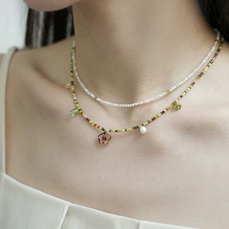 Oriensgems Designer Style Green Crystal and Pearl Career and Success Blessing Necklace